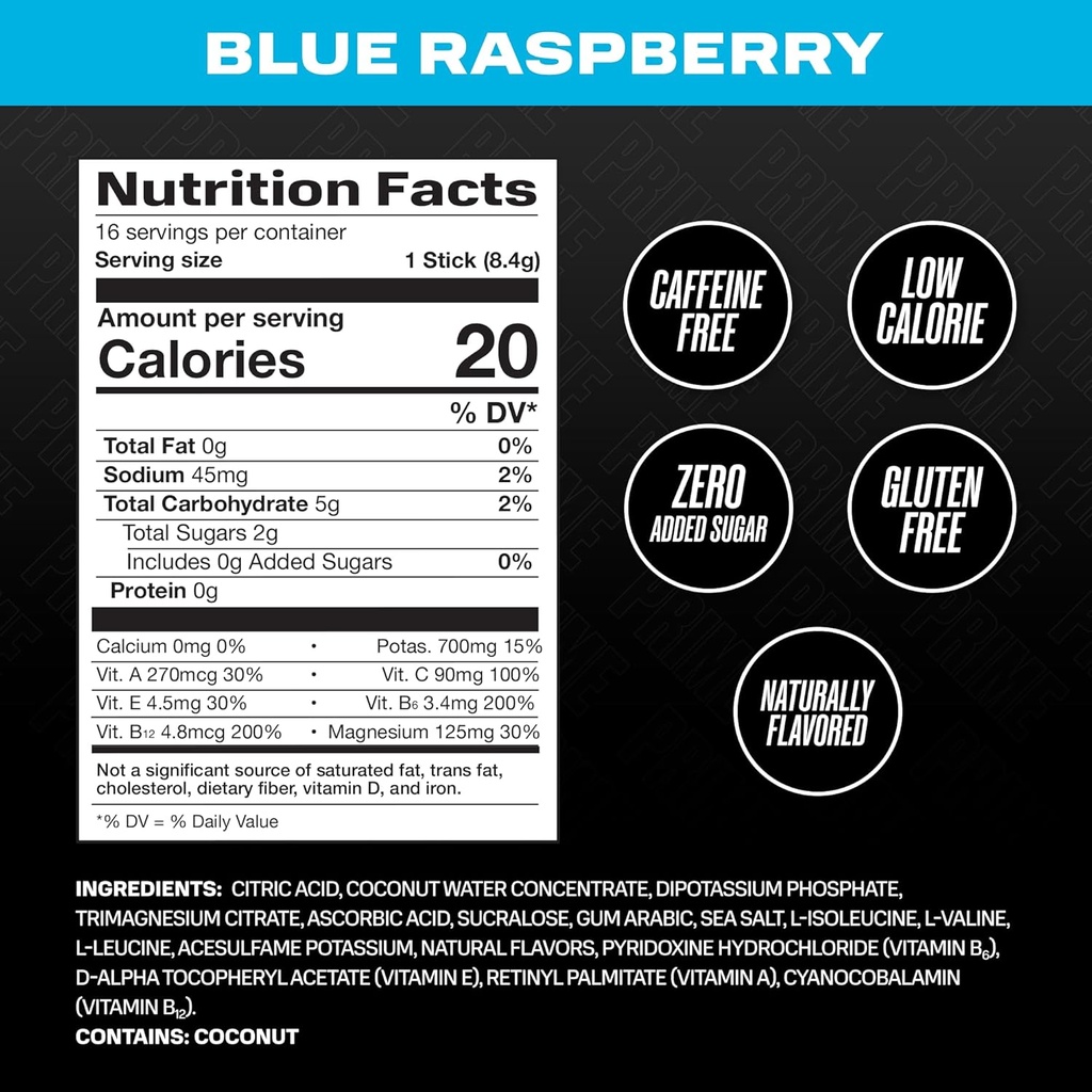 PRIME HYDRATION+ Sticks Blue Raspberry | Hydration Powder Single Serve Sticks | Electrolyte Powder On The Go | 250mg BCAAs, B Vitamins, Antioxidants | Low Sugar | Caffeine-Free | Vegan | 16 Sticks 3