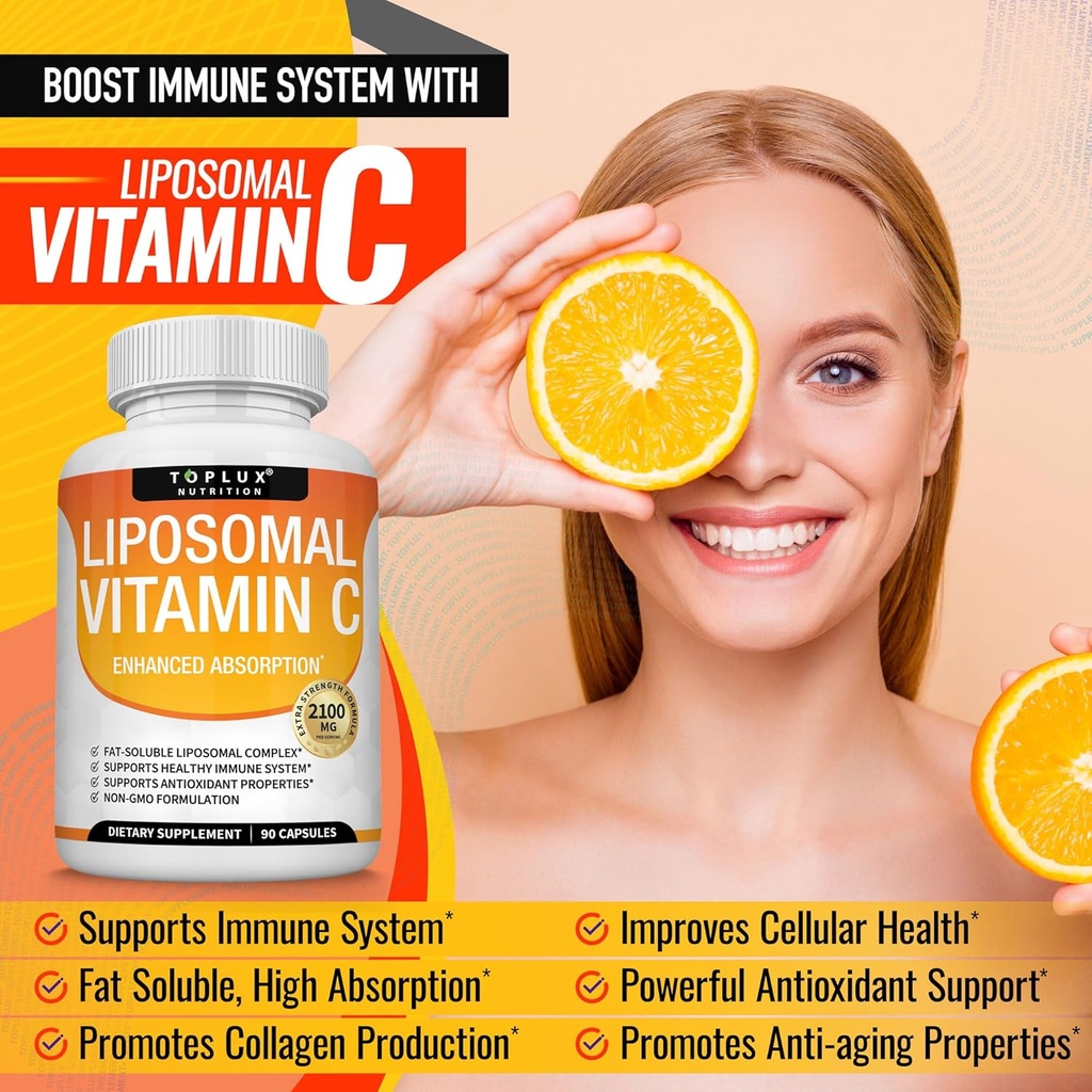Liposomal Vitamin C 2100mg High Absorption Fat Soluble VIT C - Immune Support Collagen Booster Immunity Defense & Powerful Antioxidant, MCT Oil & Sunflower Lecithin, Acsorbic Acid, Vegan Non-GMO 4