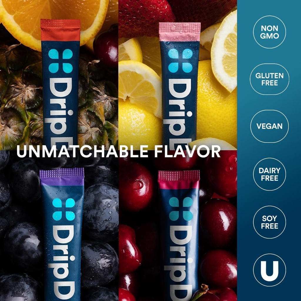 DripDrop Hydration Packets - Juicy Variety Pack - Single Serve Electrolytes Powder Drink Mix - Grape, Fruit Punch, Strawberry Lemonade, Cherry - Non-GMO, Gluten Free, Vegan - 16 Sticks 6