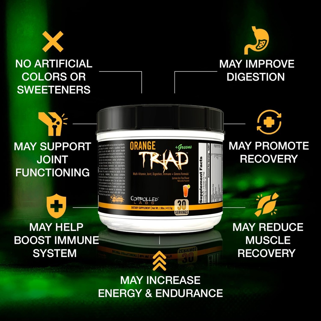 CONTROLLED LABS Orange Triad Plus Greens for Men and Women, 30 Servings Iron Free Sports Supplement for Overall Health, Multivitamin, Digestion, Immune System, and Joint Health 3