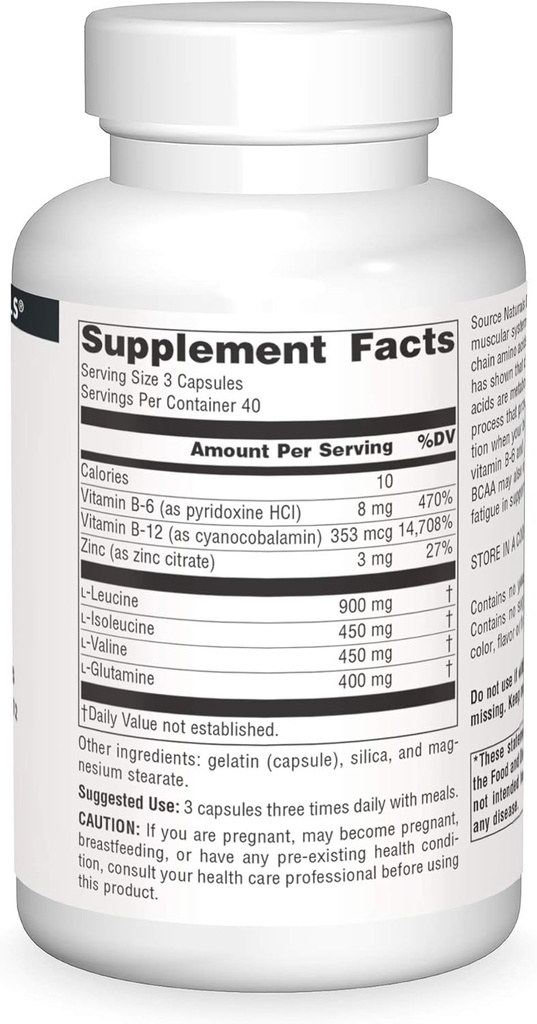 Source Naturals BCAA Branched-Chain Amino Acids with L-Glutamine, Zinc, B-6 and B-12, Provides Supports The Body’s Muscular Systems* - 120 Capsules 4