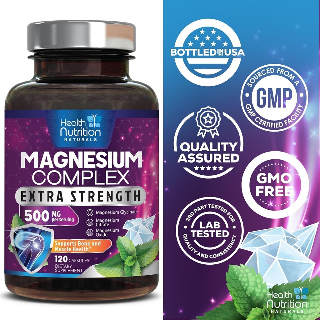Magnesium Complex Capsules 500 mg with Oxide, Glycinate, Malate, Citrate - High Absorption Complex Chelated Magnesium Mineral Supplements - for Muscle, Bone and Heart Health Support - 120 Capsules 5