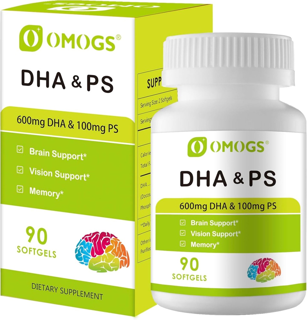 OMOGS Algae DHA - 600 mg Omega-3 DHA Softgels, with Phosphatidylserine & Walnut Oil, Supports Healthy Brain Function, Vision, Eye & Memory, Gluten Free, Non-GMO Vegan Algae Oil, 90 Softgels 2