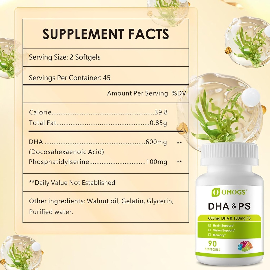 OMOGS Algae DHA - 600 mg Omega-3 DHA Softgels, with Phosphatidylserine & Walnut Oil, Supports Healthy Brain Function, Vision, Eye & Memory, Gluten Free, Non-GMO Vegan Algae Oil, 90 Softgels 3