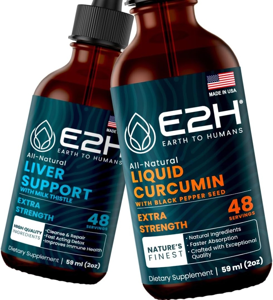 E2H: Liver Support Supplement and Liquid Turmeric Curcumin | Vegan, Non-GMO - 2 Fl Oz Each (4 Fl Oz Total) - Bundle 2