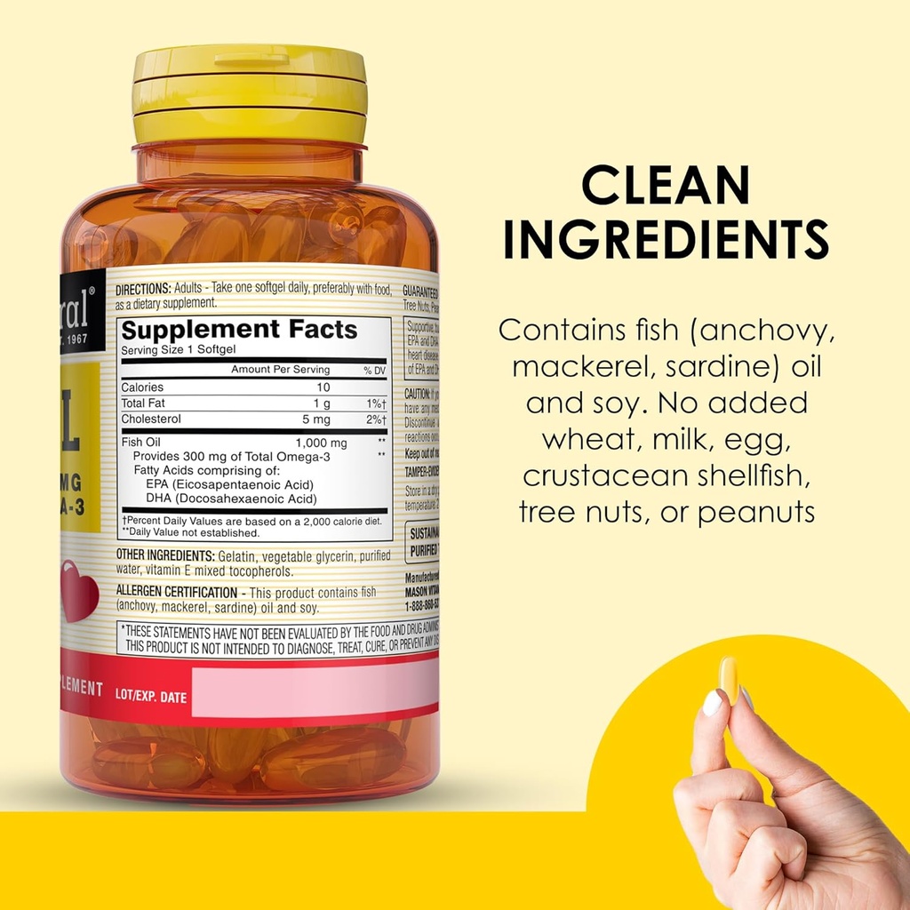 MASON NATURAL Omega,3 Fish Oil, 180,Day Supply, 1000mg with EPA and DHA for Joint Support, 60 Softgel Pills (3 Pack) 6