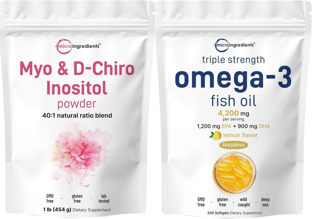 Micro Ingredients Omega-3 Fish Oil 4,200 mg Softgels & Myo & D-Chiro Inositol Powder Bundle 2 Pack | Wild-Caught Fish, Lemon Flavored, Burpless | Inositol Supplement for Women 2