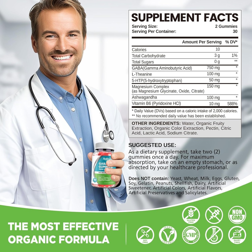 GABA Gummies, Sugar-Free Stress Relief Gummies for Adults, High-Potency GABA L-theanine Supplement with Magnesium, Ashwagandha, 5-HTP & Vitamin B6 for Zzz & Brain Health, Vegan, 60 3