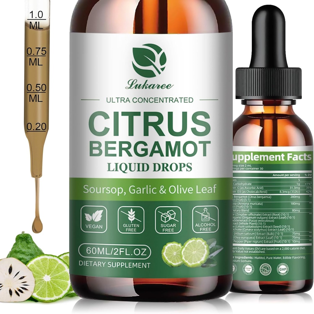 Citrus Bergamot Liquid Drops - Natural Supplement with Soursop, Red Yeast Rice, Garlic, Olive Leaf, Black Pepper - High Absorption - Support Overall Wellness* - Soursop Bitters Liquid, 2 Fl Oz 2