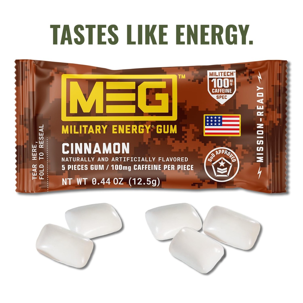 MEG (Military Energy Gum) - Cinnamon | Enhance Your Physical Performance with 100mg of Caffeine Per Piece, Ultimate Energy Boost for Workouts, Alternative to Energy Drinks | Pack of 24 3