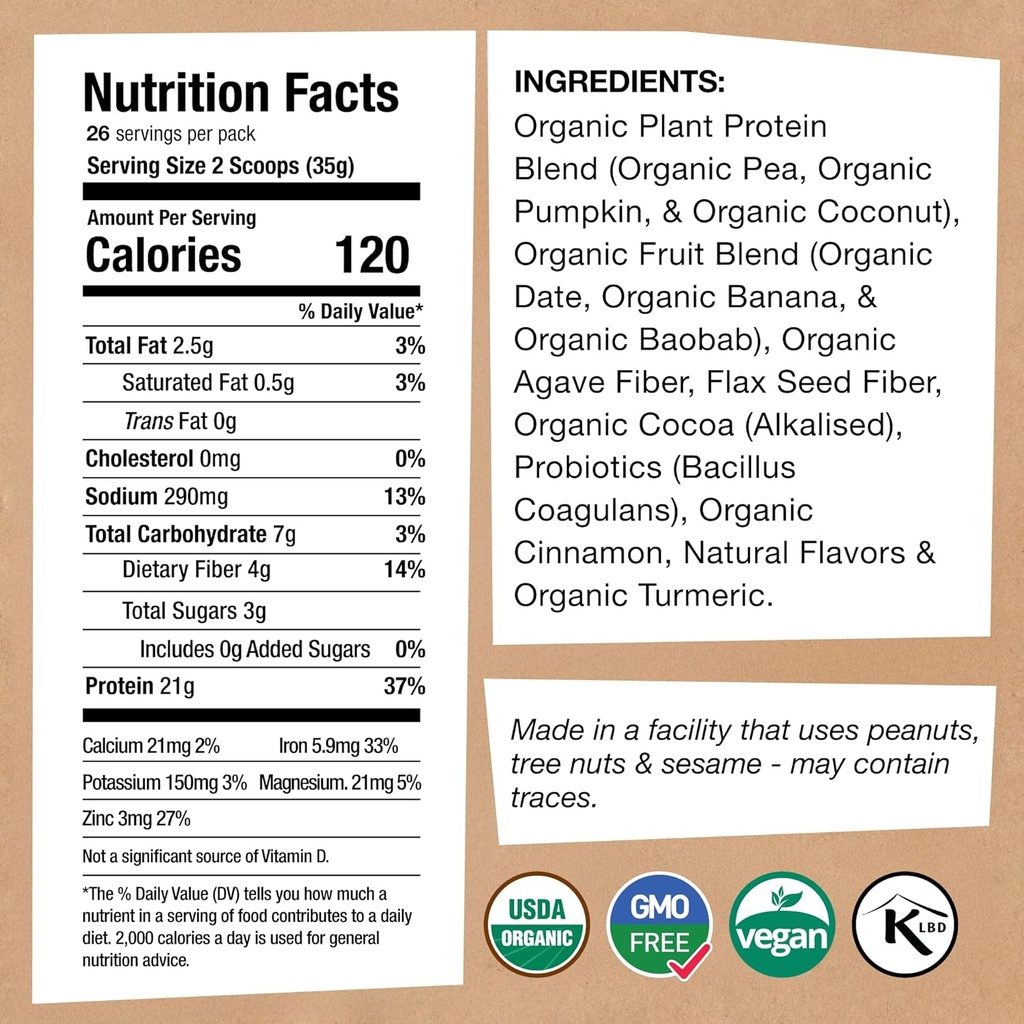 EarthChimp Organic Vegan Protein Powder - with Probiotics - Non GMO, Dairy Free, Non Whey, Plant Based Protein Powder for Women and Men, Gluten Free - 26 Servings 32 Oz (Plain & Unsweetened) 3