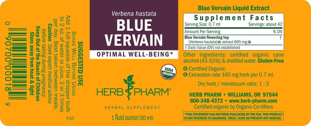 Herb Pharm Certified Organic Vervain Liquid Extract, Blue, 1 Fl Oz 6