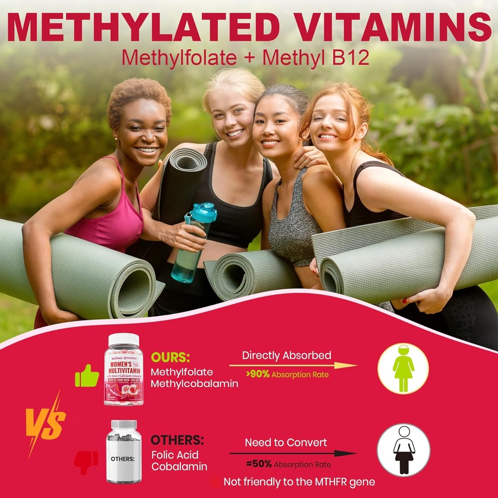 (2 Pack) Sugar Free Methylated Multivitamin for Women Gummies with Calcium, D3 K2, Inositol, Folate, Biotin, Iron, Vitamin A, C, E, B Complex - Multi Vitamins & Minerals - Energy, Immune, Bone - Vegan 4