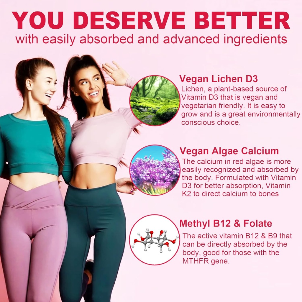 (2 Pack) Sugar Free Methylated Multivitamin for Women Gummies with Calcium, D3 K2, Inositol, Folate, Biotin, Iron, Vitamin A, C, E, B Complex - Multi Vitamins & Minerals - Energy, Immune, Bone - Vegan 5