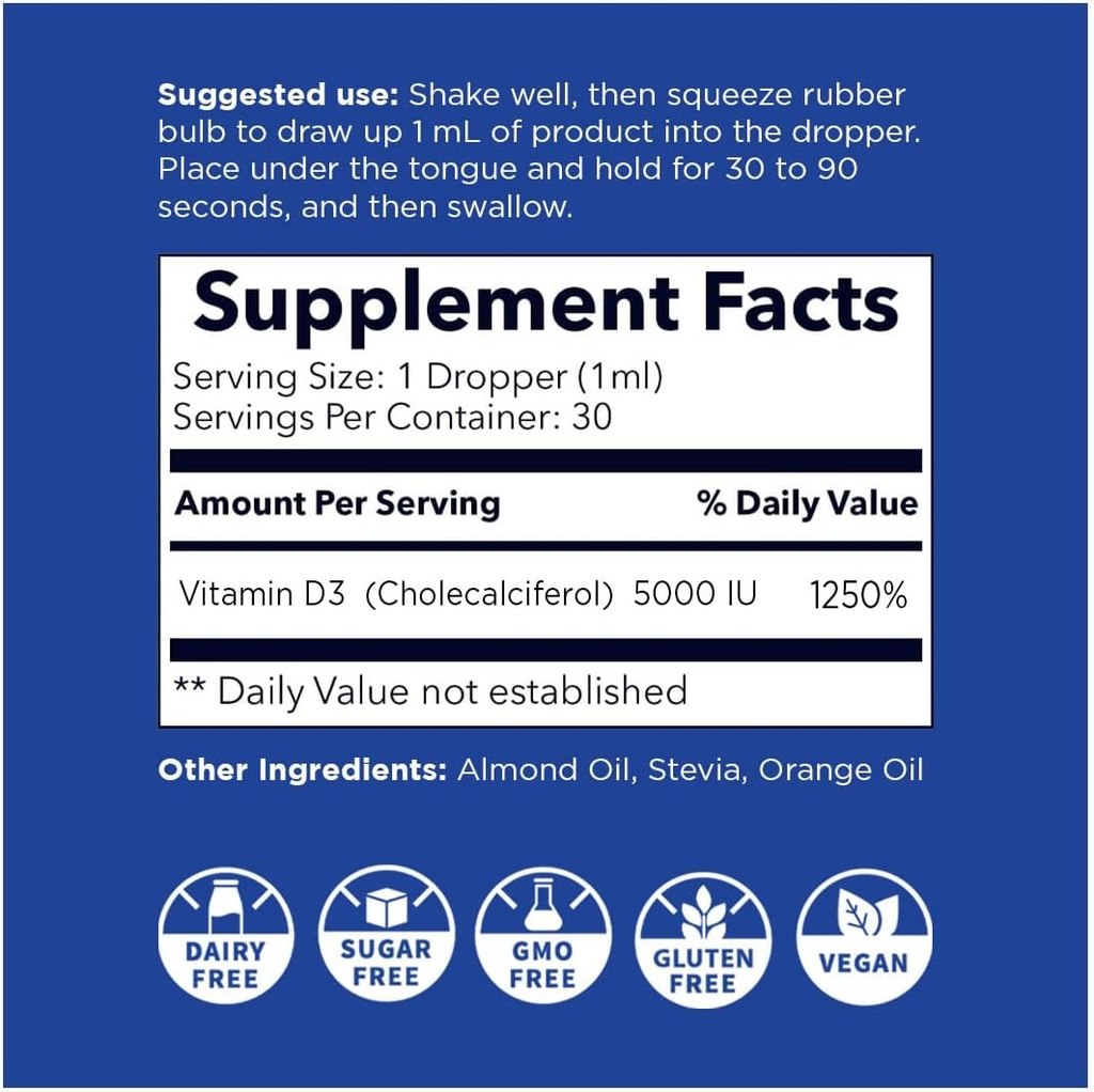 NANO VITAMIN D3 Nanosized liquid drops, RAPID ABSORPTION, 5000 IU potent formulation, Strengthens bone & muscle, supports healthy heart. 30 ml bottle, 1 month supply. 3