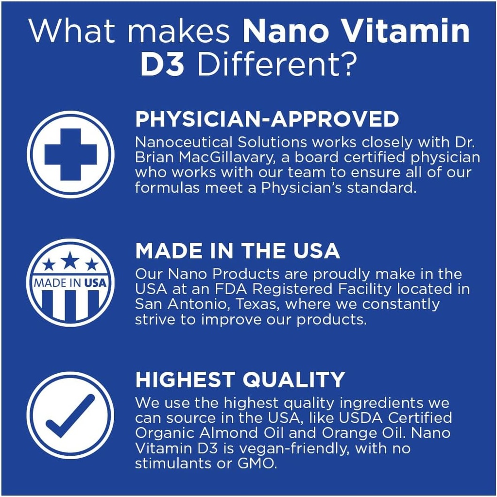 NANO VITAMIN D3 Nanosized liquid drops, RAPID ABSORPTION, 5000 IU potent formulation, Strengthens bone & muscle, supports healthy heart. 30 ml bottle, 1 month supply. 4
