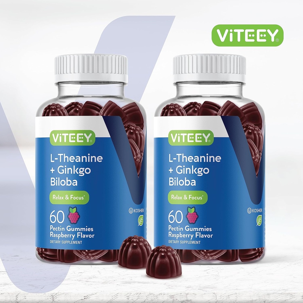 Viteey L-Theanine Gummies with Ginkgo Biloba for Adults - aids in Focus & Relax, Improve Mood - Non GMO, Gelatin Free, Vegan, Gluten Free, Naturally Sourced Chewable Tasty Raspberry Flavored Gummy 3