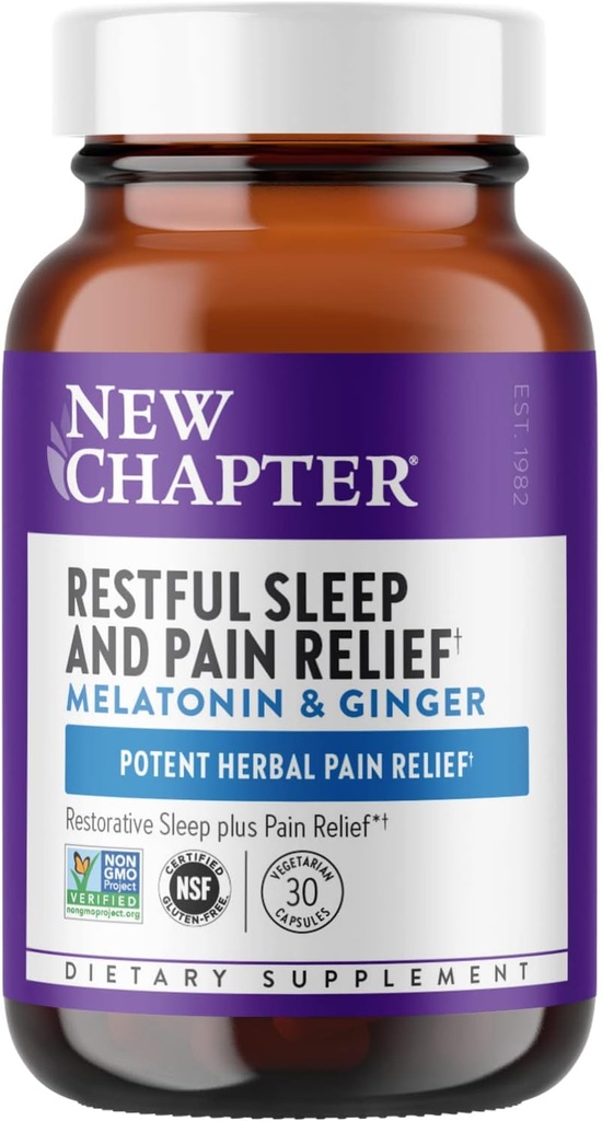 New Chapter Sleep Aid, Restful Sleep and Pain Relief, Melatonin & Ginger Sleep Supplement, Gluten Free and Non-GMO, 30 Vegetarian Capsules 2