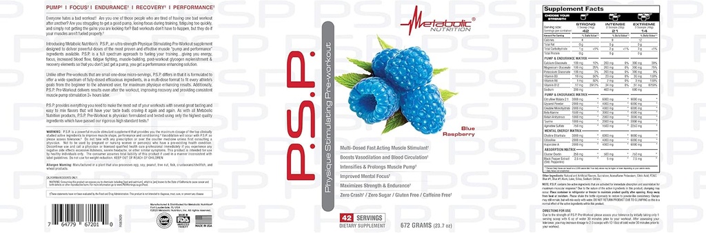 Metabolic Nutrition P.S.P. Physique Stimulating PreWorkout 672g Zero Sugar Caffeine Free (Blue Raspberry) 3
