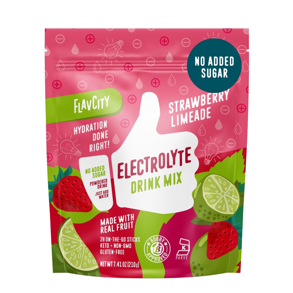 FlavCity Strawberry Limeade Electrolytes Powder Packets - 28 Hydration Packets - No Added Sugar - Hydration Powder with Real Fruit & Unrefined Sea Salt - Keto & Gluten-Free (28 Stick Packs) 2