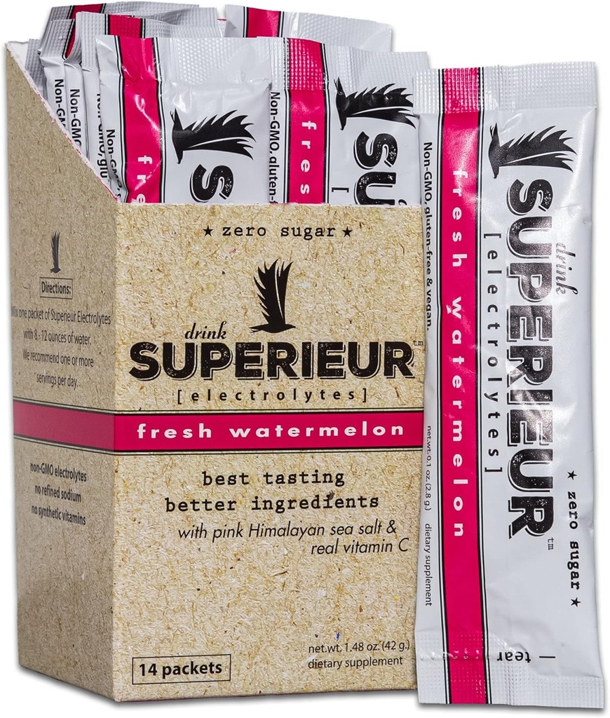 Superieur Electrolyte Powder Packets - Vegan Electrolyte Hydration Powder w/Sea Minerals - Keto Friendly, Non-GMO, Zero Sugar Electrolyte Supplement - Healthy Sports Drink - Watermelon (14 Packets) 2