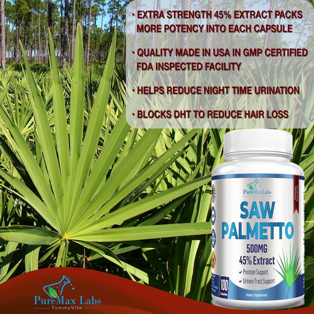 Extra Strength Saw Palmetto - 45% Extract Prostate Supplement, Decrease Frequent Urination, DHT Blocker for Hair Growth, Non-GMO, 100 Capsules 4