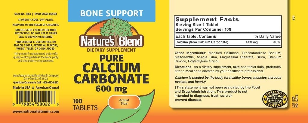 Nature's Blend Pure Calcium Carbonate 600 mg 100 Tabs (1684) 3