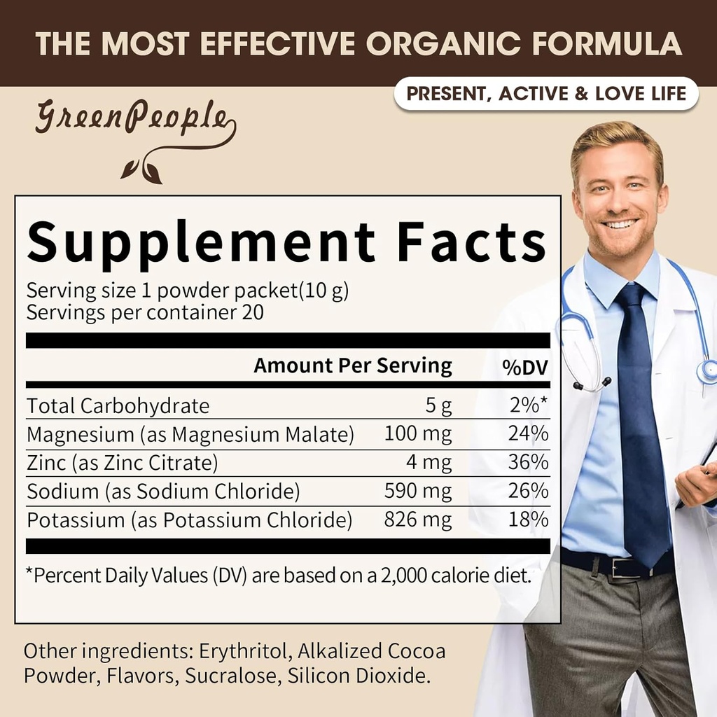 GREENPEOPLE Zero Sugar Electrolyte Powder Mix - Hydration Packets, Cocoa Flavor - 7 Electrolytes - Vegan, Non-GMO - 16 Sticks 3