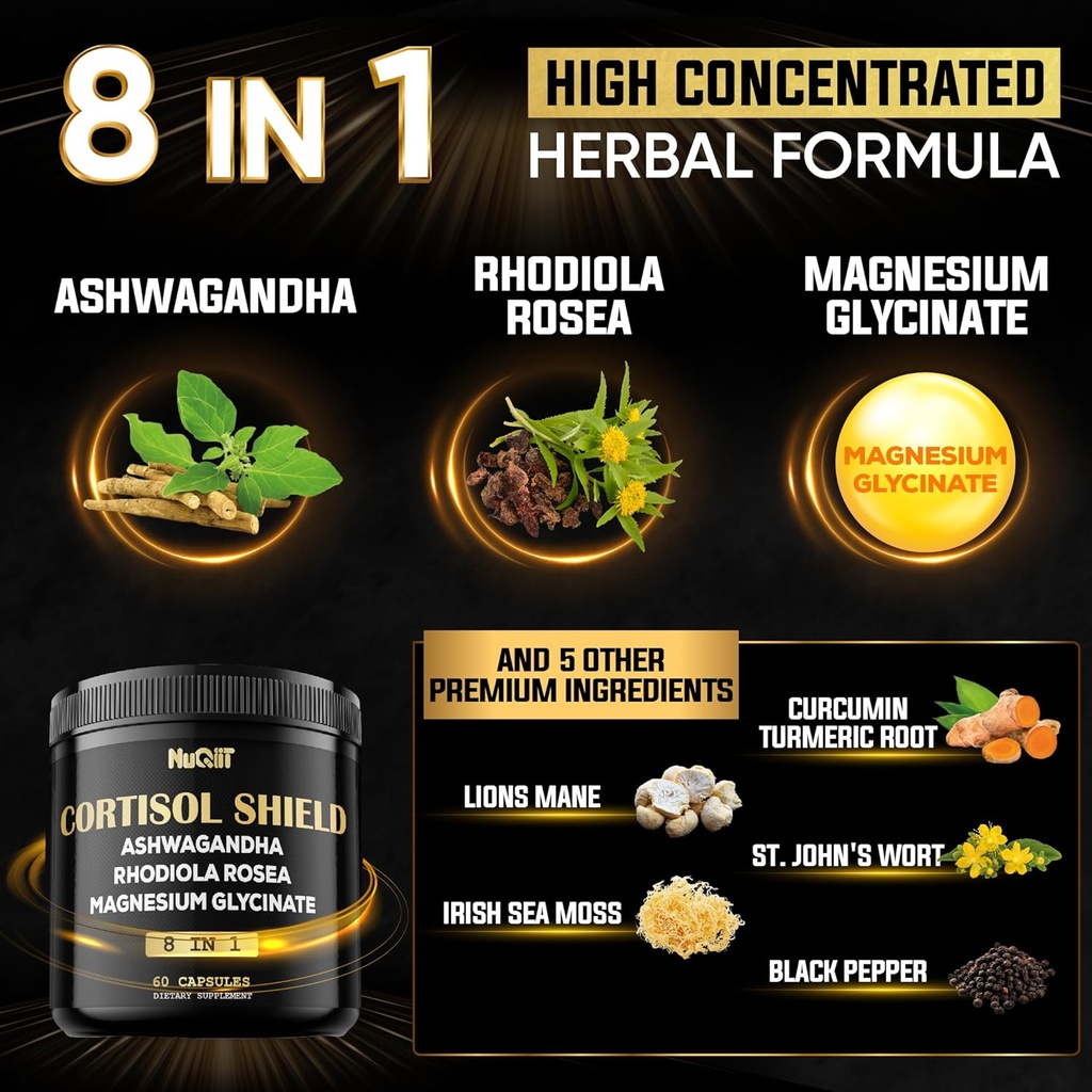 8in1 Cortisol Shield - Ashwagandha and Magnesium, Rhodiola Rosea, Lions Mane, Sea Moss, Turmeric, St Jonh's Wort - Mind& Mood Balance, Rest Well, Support Immume - 60 Capsules 3