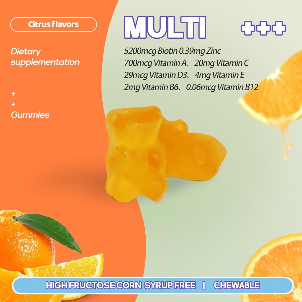 Multivitamin Gummies for Adult 5200mcg Biotin, Citrus Flavored Daily Multivitamins with Vitamins A, C, D3, E, B6 and B12, Zinc-Skin, Hair Growth, All Over Health 4