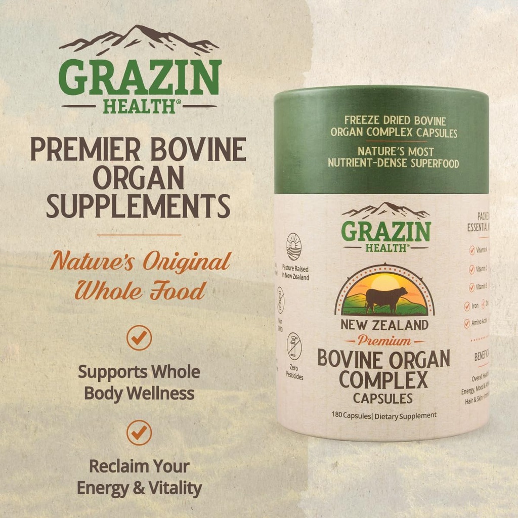 Grass Fed Bovine Organ Complex: Liver, Spleen, Kidney, Heart, Pancreas (600 Mg per Organ per Capsule), 3000 Mg per Serving (30 Servings) 3