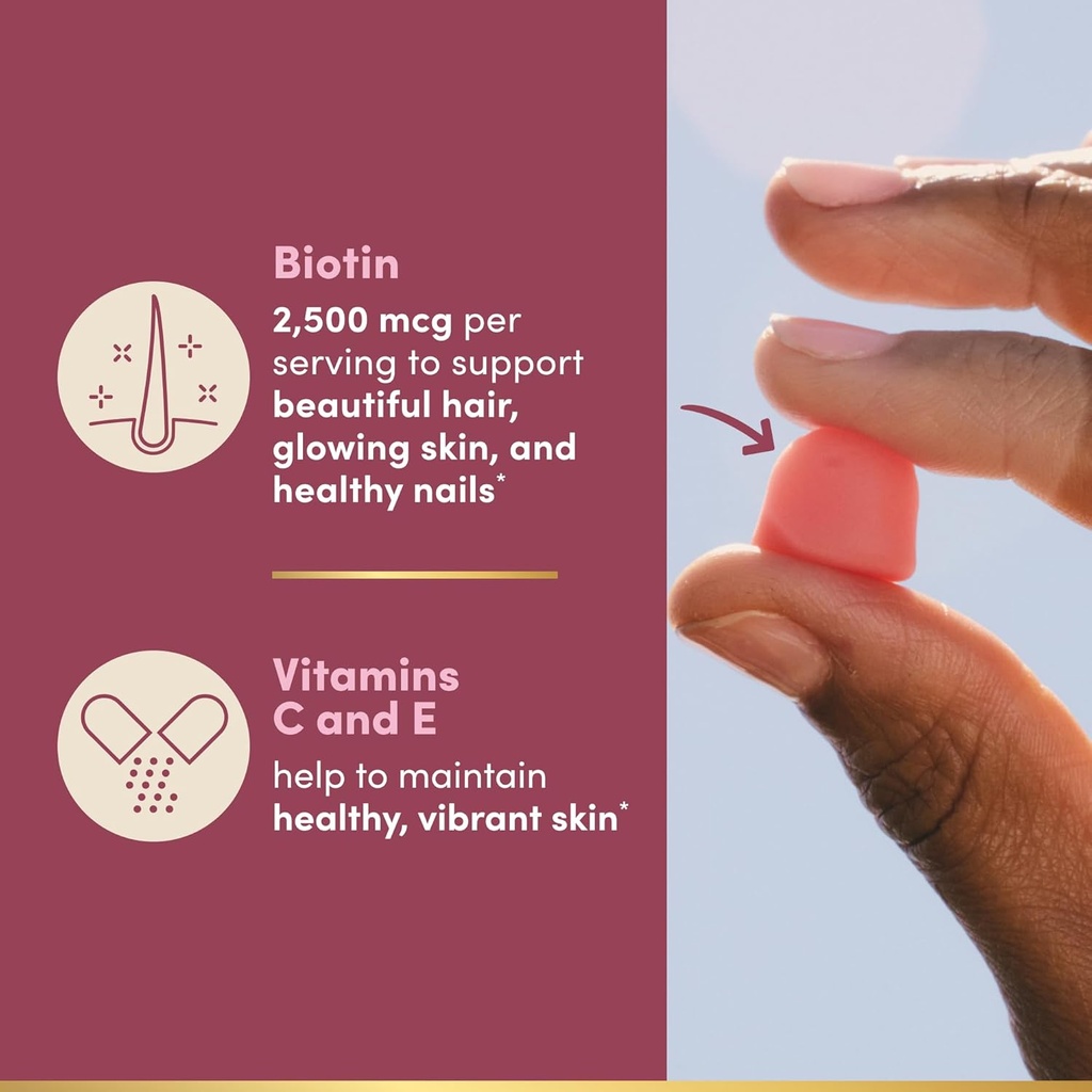Nature's Bounty Optimal Solutions Hair, Skin and Nails Pectin Gummies, 2500 mcg Biotin Per Serving, No Stick Gummy, Vegetarian Formula, Strawberry Flavor, 200 count, 100 Total Servings 5
