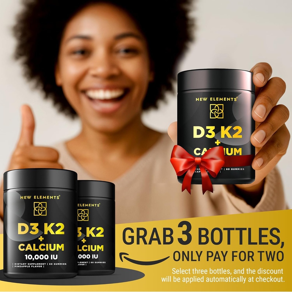 Vitamin D3 K2 Gummies 10000 IU with Calcium 100mg - VIT D3 for Adults - Mk7 Vitamin K2 100mcg - Vitamin D Supplement for Men & Women - Vegan Gluten Free Non-GMO 3