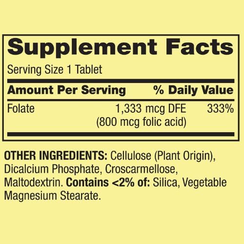 Generic Spring Valley Folate 1,333 mcg DFE, Folic Acid 800 mcg, 400 Tablets - Dietary Supplement, Women's Health Boost, Metabolism & Heart Support - Bundle with+ Sticker Dri Store 3