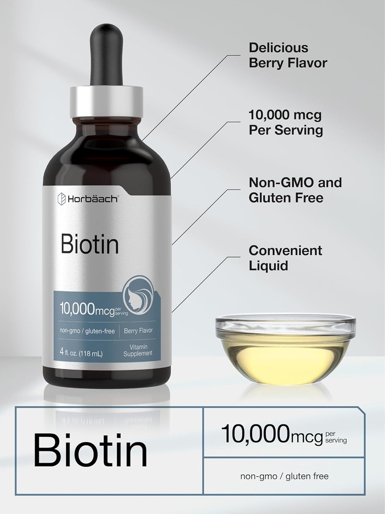Horbäach Biotin Liquid Drops 10000mcg | 4 fl oz | Berry Flavor | Vegetarian, Non-GMO & Gluten Free Supplement 5