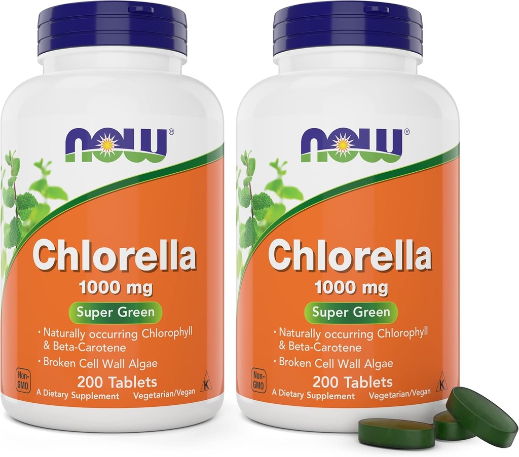 Now Chlorella 1000mg Tablets - 200 Count (Pack of 2) - Natural Occurring Chlorophyll, Beta-Carotene - Non-GMO, Vegan - Green Super Food Supplement for Women and Men 2