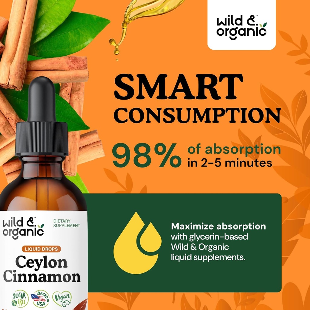 Wild & Organic Ceylon Cinnamon Extract Liquid Drops 500mg - Liquid Cinnamon Supplements for Overall Support - Cinnamomum Verum Bark Tincture - Vegan, Sugar & Alcohol-Free, Non-GMO - 2 fl oz 5