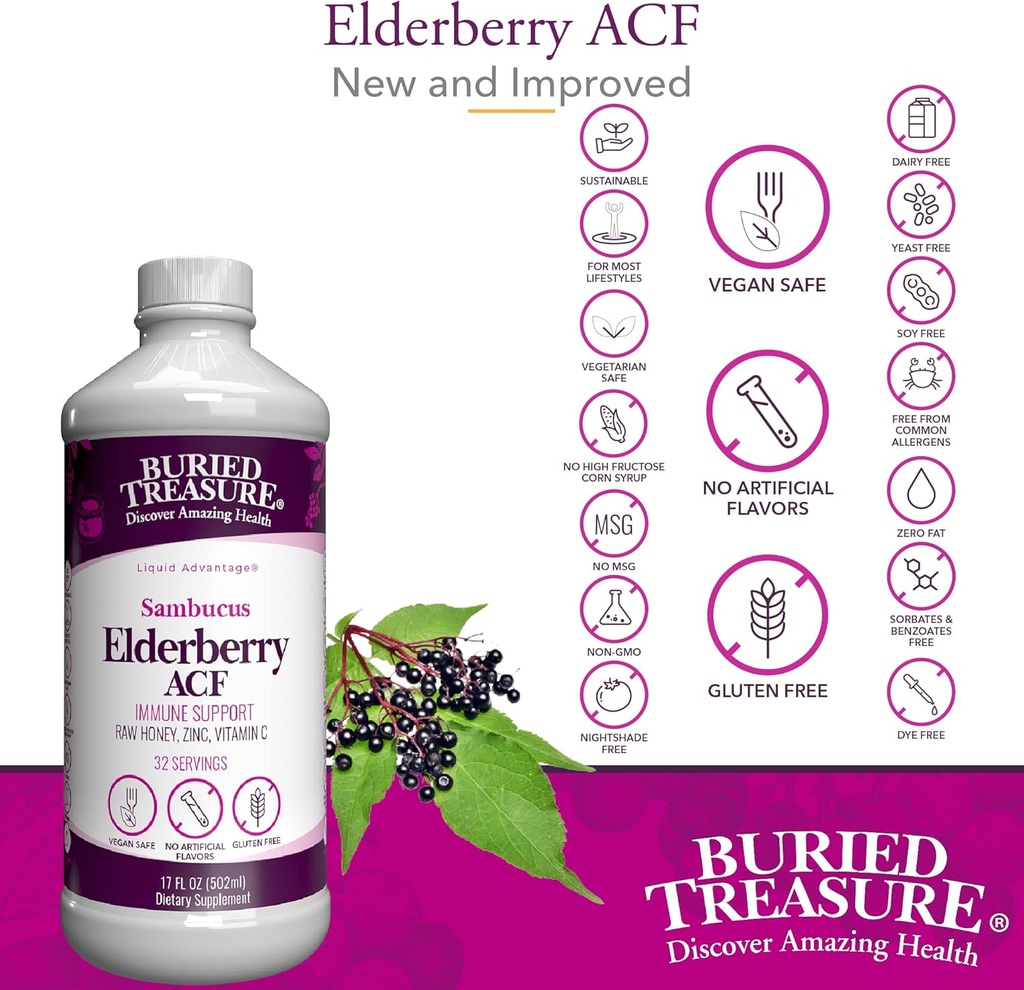 Buried Treasure Elderberry ACF with 4,000 mg Elderberry Sambucus Whole Fruit Concentrate, Vitamin C Plus Raw Local Honey Liquid Immune Support 16 oz 6