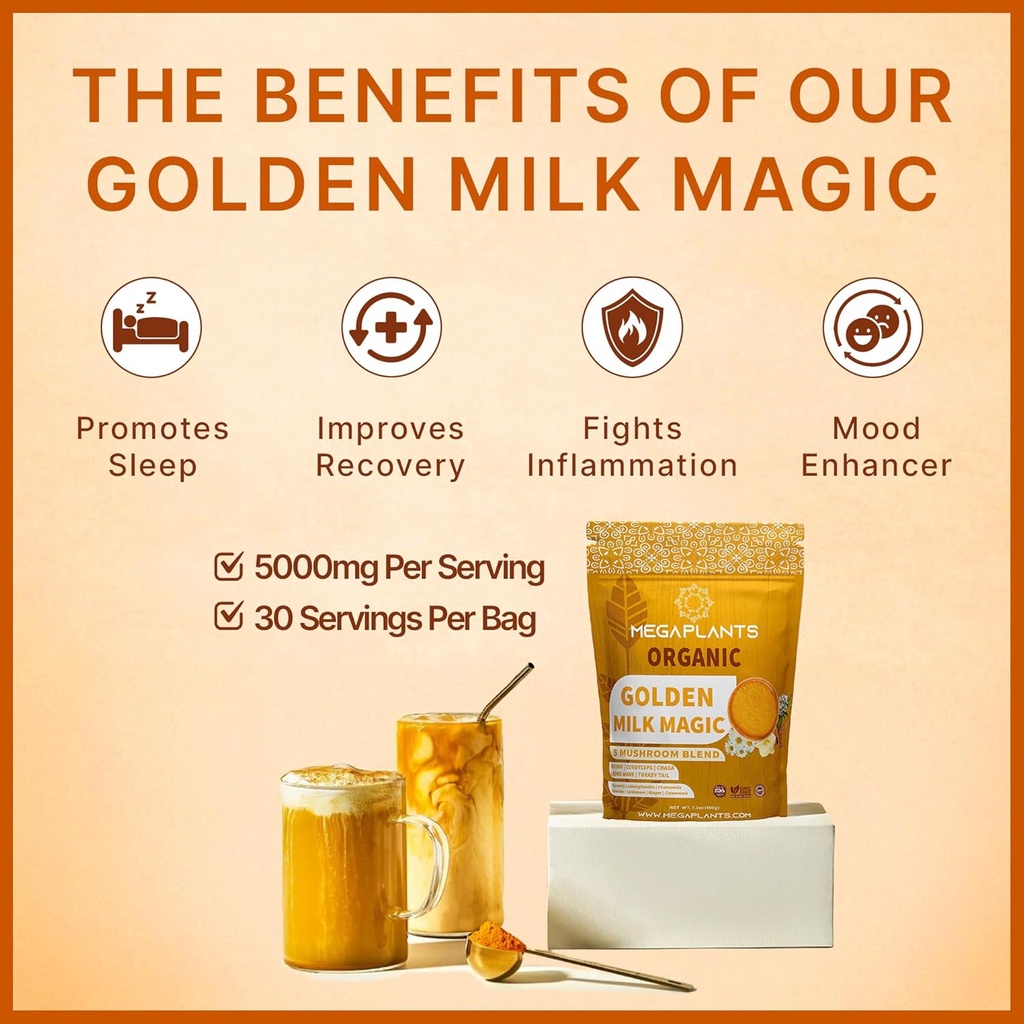 Golden Milk Magic (50 Servings) | Superfood 5 Mushroom Blend for Sleep, Relaxation, Relief | Turmeric, Ashwaghanda, Valerian, Chamomile + 5 Mushroom Blend | Smoothie, Hot Beverage 5