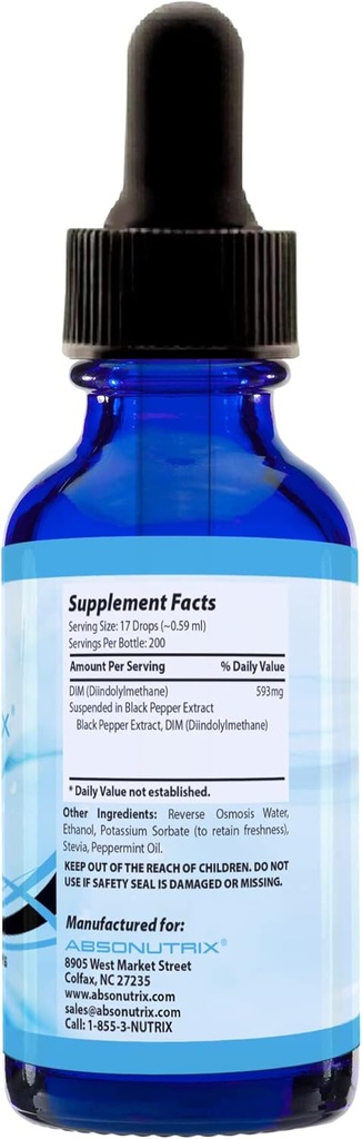 Absonutrix DIM (Diindolylmethane) Extract 593 mg, 4 Oz Bottle, 200 Potent Servings, Third-Party Tested Drops, Quick Absorption, Gluten-Free, Third-Party Tested, GMP-Certified, Non-GMO, Made in USA 6