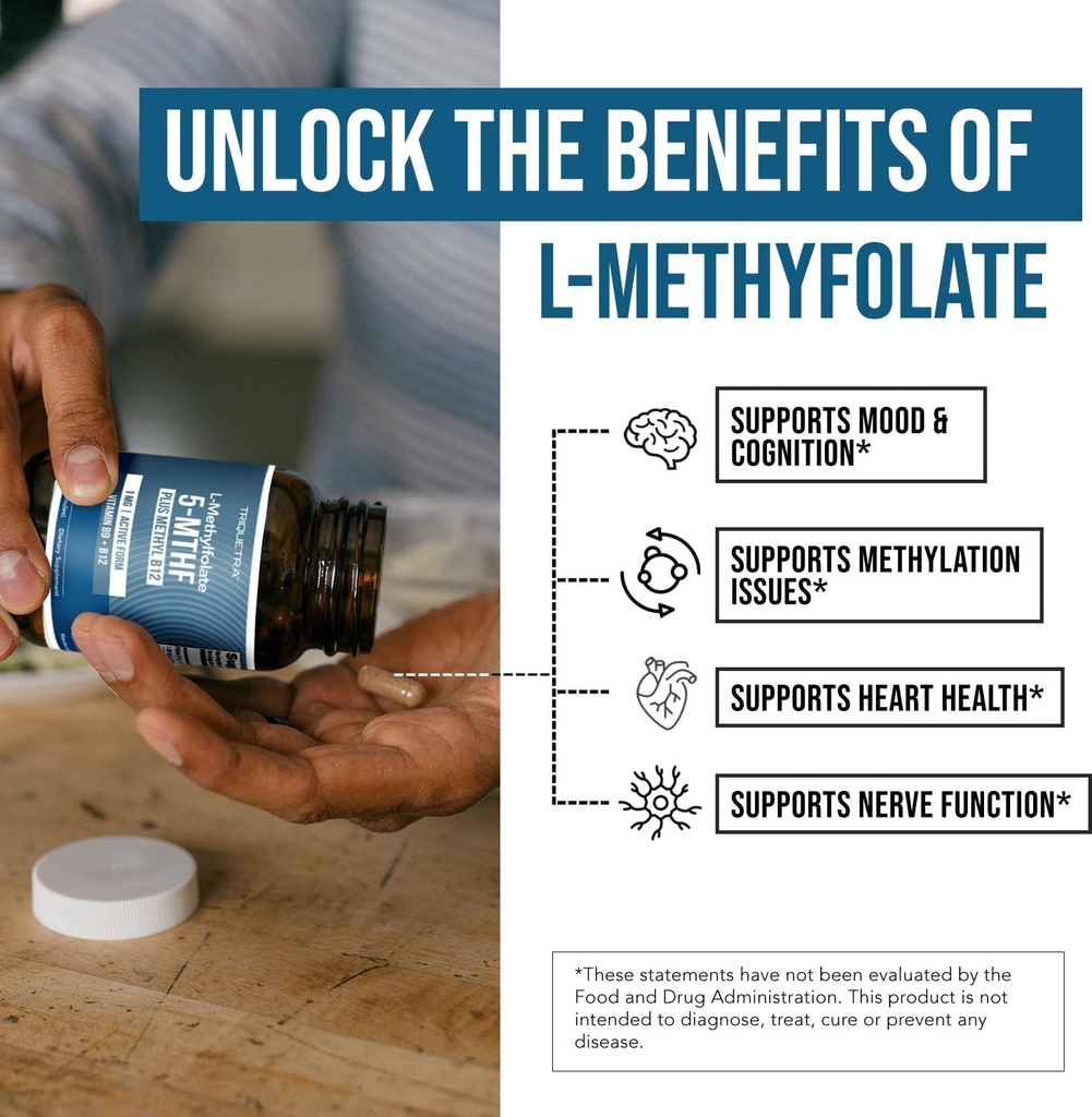 L Methyl Folate 1000 mcg Plus Methyl B12 Cofactor – Active 5-MTHF Form - Supports Mood, Methylation, Cognition – Highly Bioavailable Bioactive Forms of Vitamin B9 & B12 (60 Capsules – 60 Servings) 5