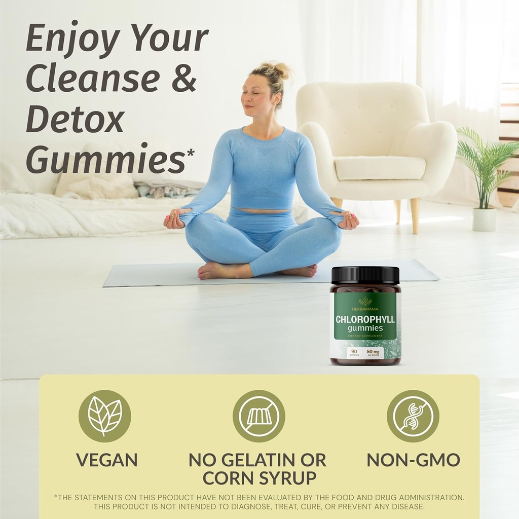 HERBAMAMA Chlorophyll Detox Gummies - 50mg Sodium Copper Chlorophyllin Internal Deodorant for Body Odor Support - Vegan, Non-GMO Antioxidant Supplement - 90 Pectin-Based Apple-Flavored Chews 3