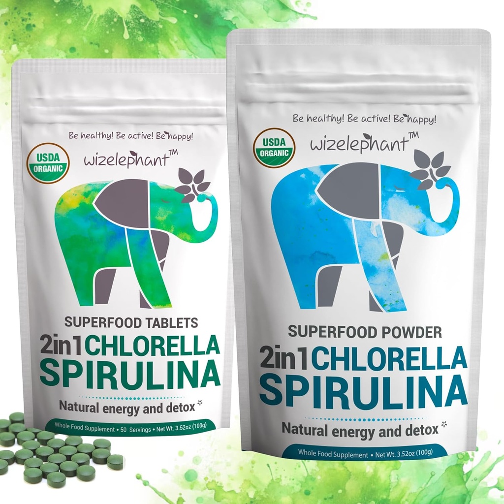 Chlorella Spirulina Powder Organic + Spirulina Chlorella Tablets | Organic| Rich in Chlorophyll | Greens Superfood Powder & Tablets Bundle 2