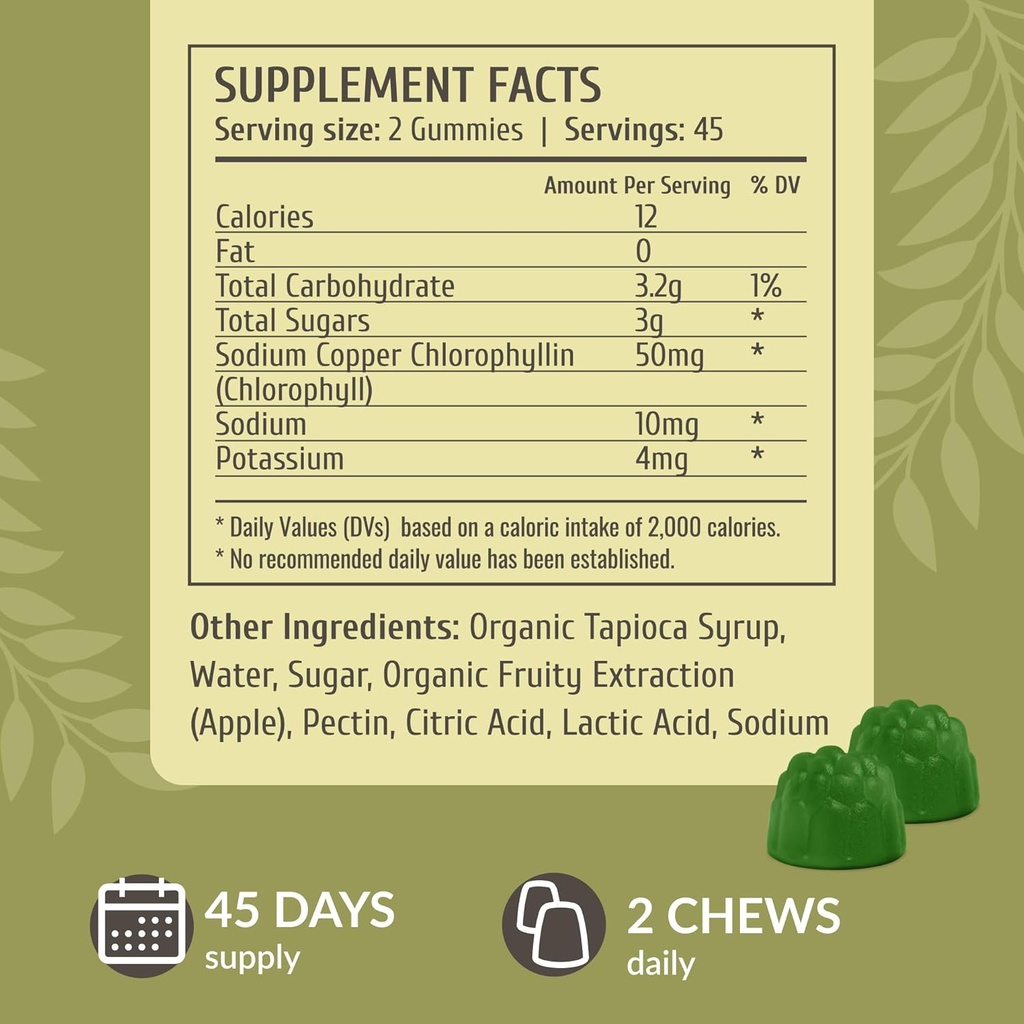 HERBAMAMA Chlorophyll Detox Gummies - 50mg Sodium Copper Chlorophyllin Internal Deodorant for Body Odor Support - Vegan, Non-GMO Antioxidant Supplement - 90 Pectin-Based Apple-Flavored Chews 4