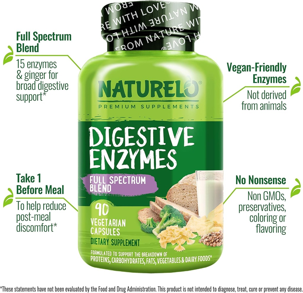NATURELO Digestive Enzymes - Full Spectrum Support with a Broad Blend of 15 Enzymes Plus Ginger - 90 Vegan Capsules (Pack of 2) 5