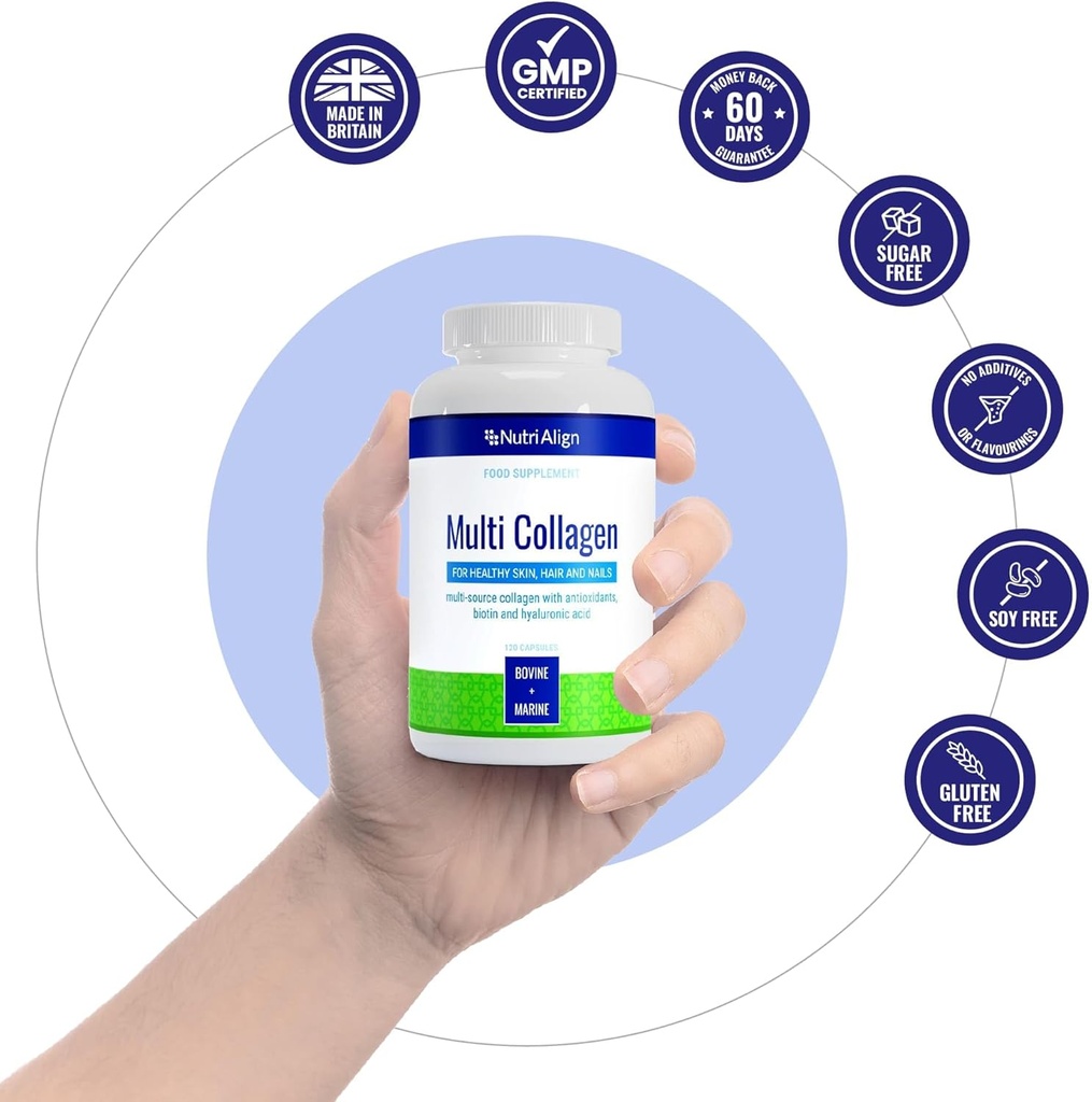 Nutri-Align Multi Collagen | 120 Collagen Peptides Capsules - 600mg Bovine Collagen & 400mg Marine Collagen per Serving | Collagen for Women Hair, Skin & Nails with Vitamins & Amino Acids | Sugar Free 6