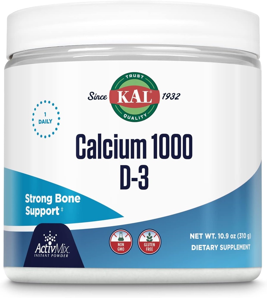 KAL Calcium Vitamin D-3 ActivMix, Powder Calcium Supplement, Bioavailable Calcium Lactate and Gluconate, Bone Health Support, Unflavored, Non-GMO, Gluten Free, 60-Day Guarantee, 31 Servings, 10.9 oz 2