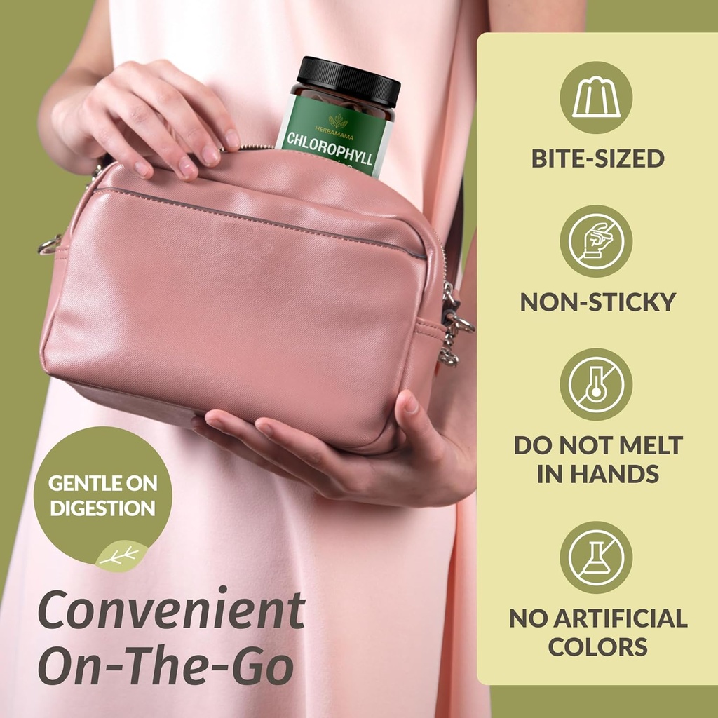 HERBAMAMA Chlorophyll Detox Gummies - 50mg Sodium Copper Chlorophyllin Internal Deodorant for Body Odor Support - Vegan, Non-GMO Antioxidant Supplement - 90 Pectin-Based Apple-Flavored Chews 6