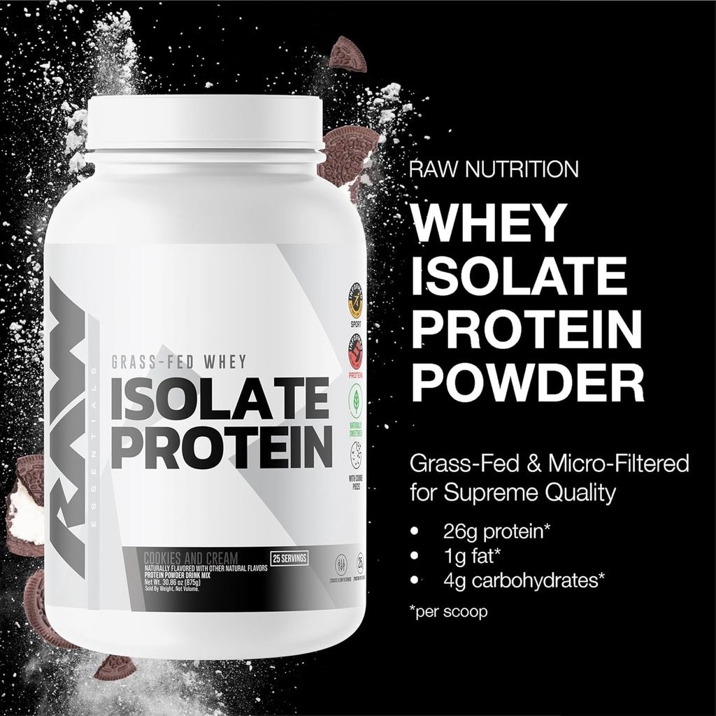 RAW Whey Isolate Protein Powder, Cookies N Cream - 100% Grass-Fed Sports Nutrition Protein Powder for Muscle Growth & Recovery - Low-Fat, Low Carb, Naturally Flavored & Sweetened - 25 Servings 3