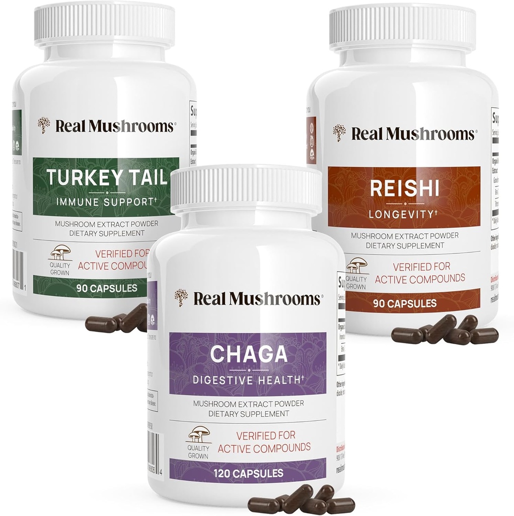 Reishi 415 Longevity Capsules (90ct), Turkey Tail Mushroom Extract Immune Support (90ct), Chaga Extract Mushroom Supplement (120 caps) 2